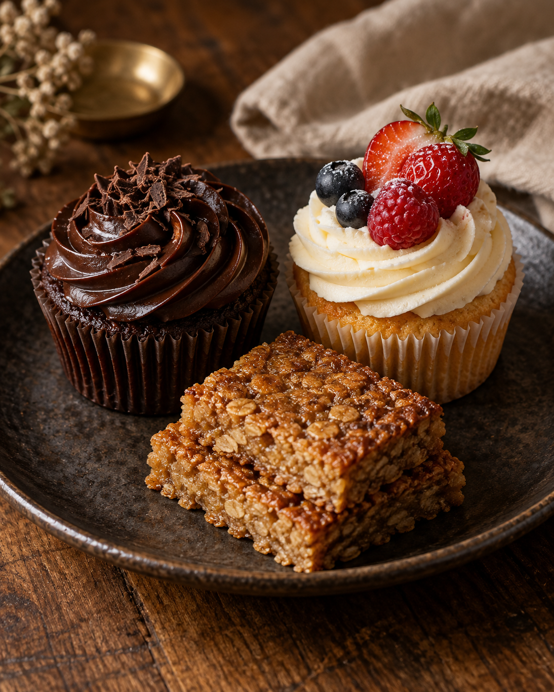 A styled selection of chocolate and berry cupcakes and small-batch treats